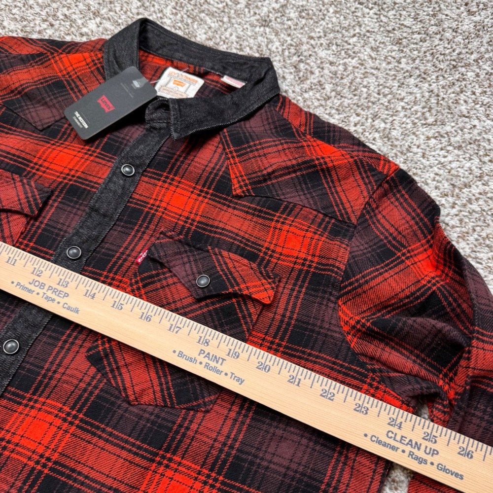 Levi Strauss Large Red Black Plaid Western Standard Fit Flannel Shirt Pearl Snap - Picture 5 of 7